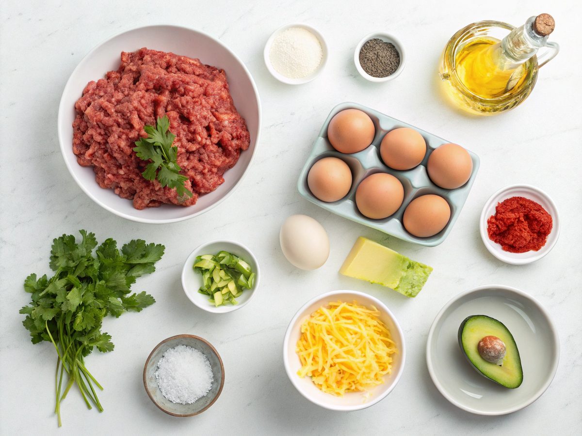 Ingredients for Ground Beef Eggs Taco Bowl on display, including salsa, cheese, avocado.