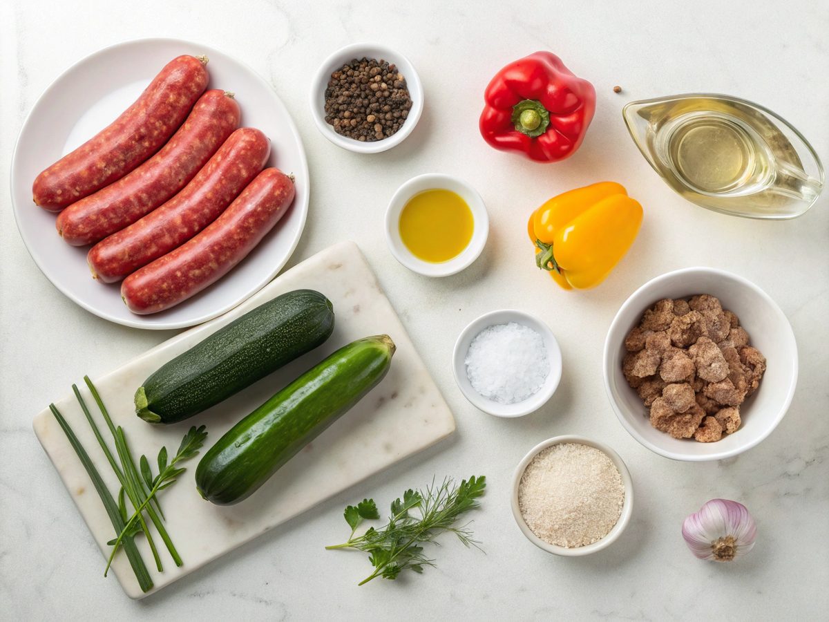 Ingredients for Classic Keto Delight with sausage and fresh veggies.