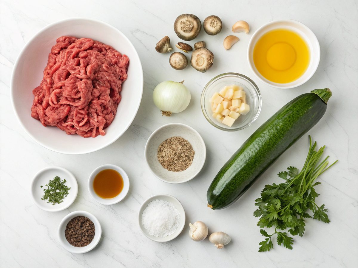 Flat lay of fresh keto ground beef garlic skillet ingredients including vegetables and spices.