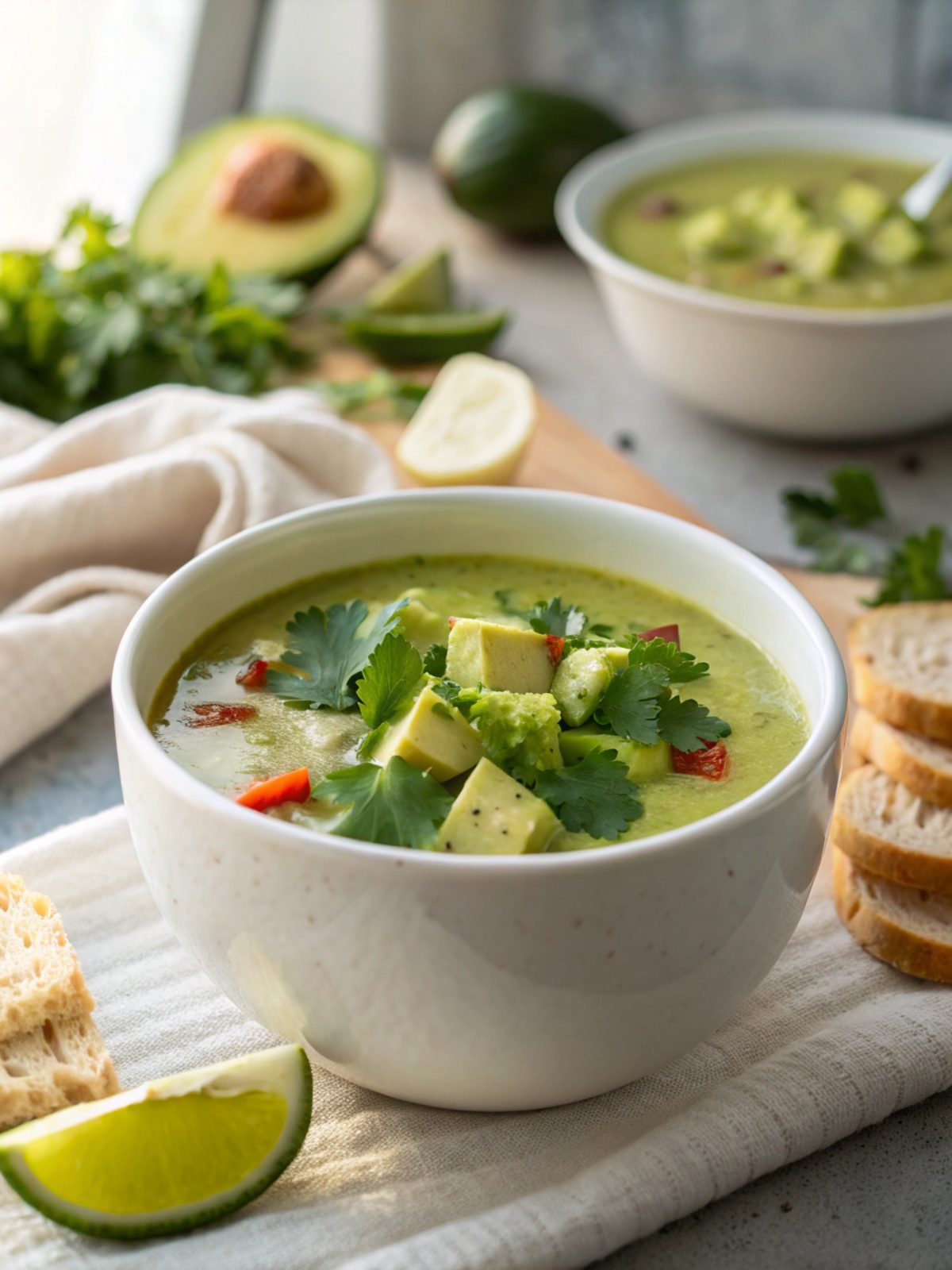 Featured image of comforting avocado keto soup pot served in a bowl.
