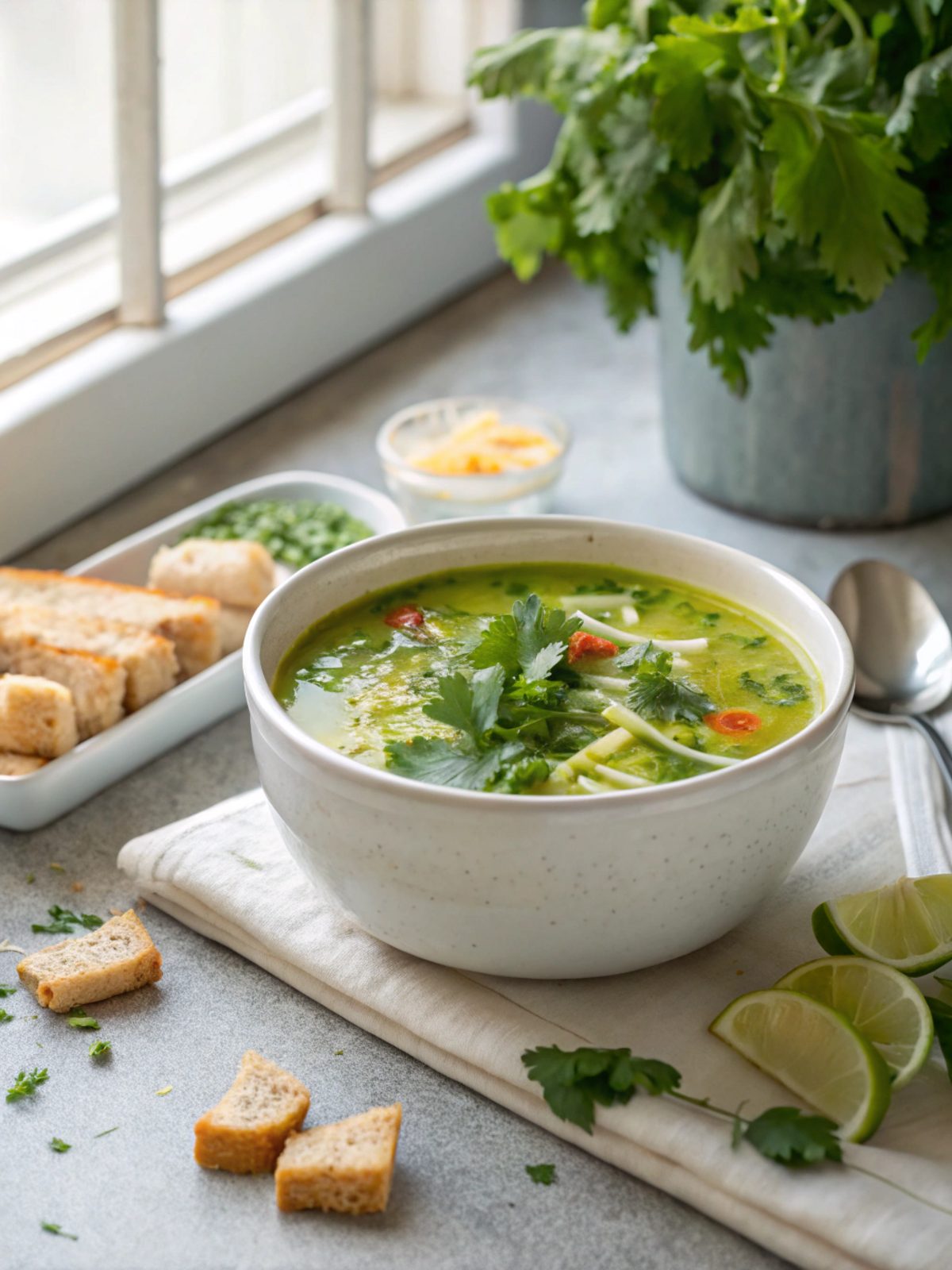 Beautifully presented Comforting Cilantro Keto Soup Pot served fresh and piping hot.