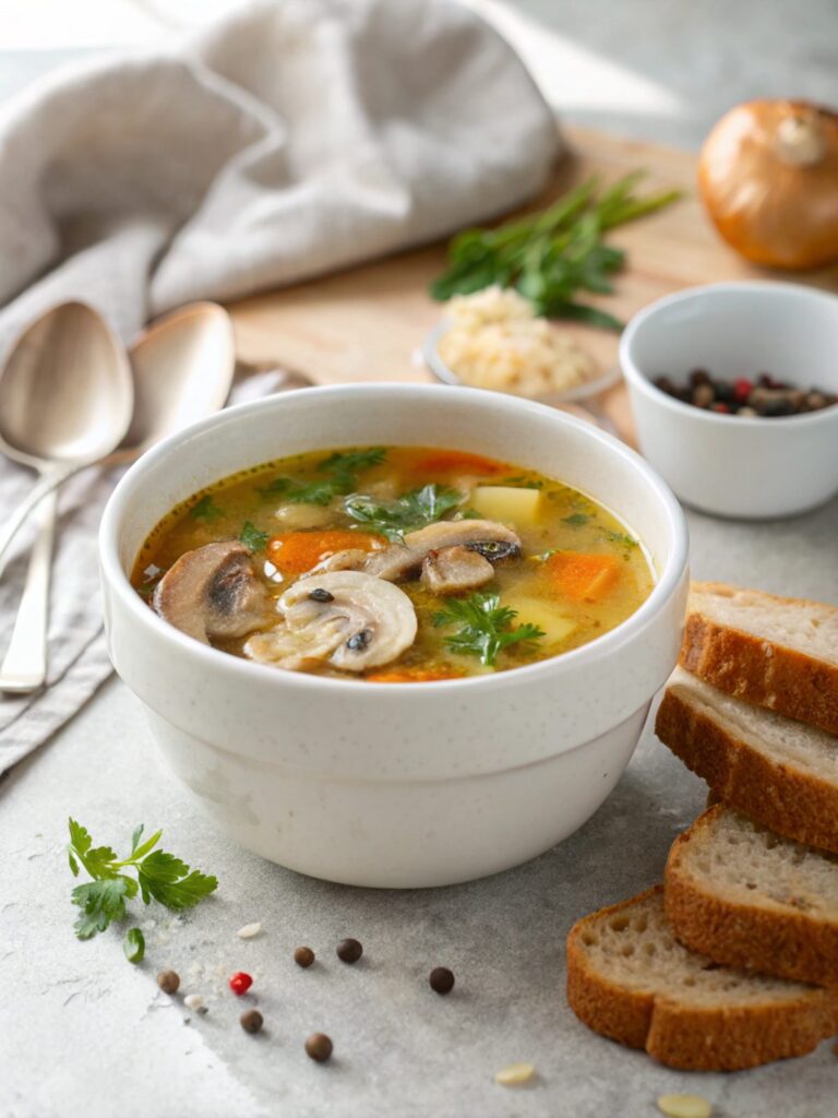 Featured image of Comforting Mushrooms Keto Soup Pot in a white bowl