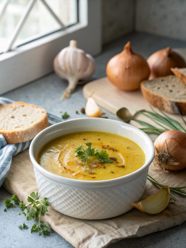 Stunning, appetizing image of the comforting onion keto soup pot served in a bowl.