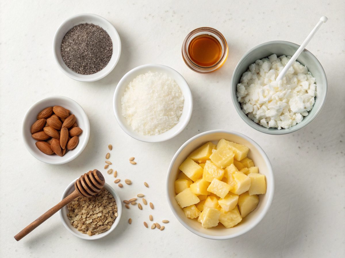 Ingredients for making a cottage cheese pineapple protein bowl including cottage cheese, pineapple, and chia seeds.