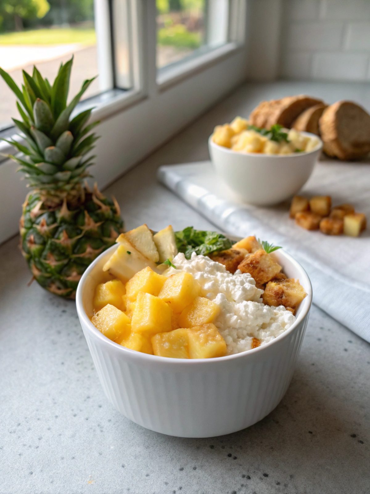 Delicious cottage cheese pineapple protein bowl served in a white bowl.