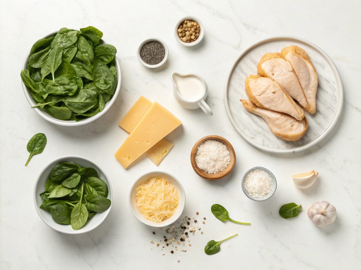 Ingredients needed for keto chicken spinach bake laid out in kitchen.