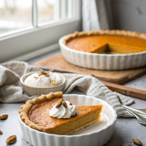 A beautifully photographed report of the Decadent Keto Pumpkin Pie, served on a rustic cabinet.