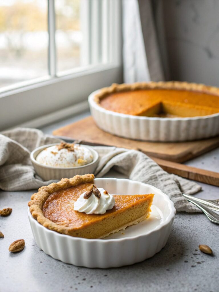 A beautifully photographed report of the Decadent Keto Pumpkin Pie, served on a rustic cabinet.