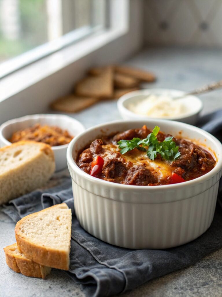Featured image of a baked beef and chili casserole served fresh
