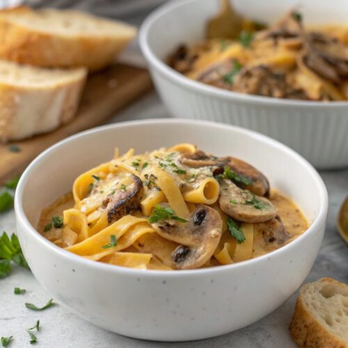 A delightful close-up image of cheddar mushroom keto stroganoff.