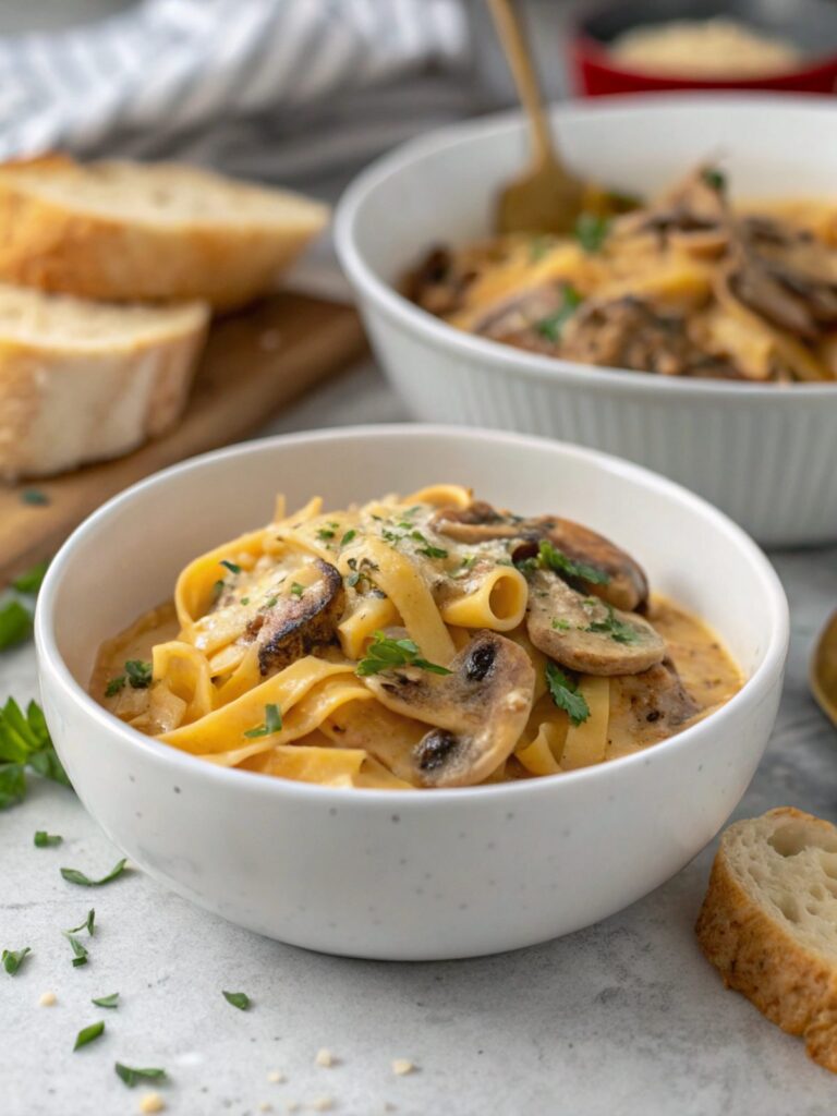 A delightful close-up image of cheddar mushroom keto stroganoff.