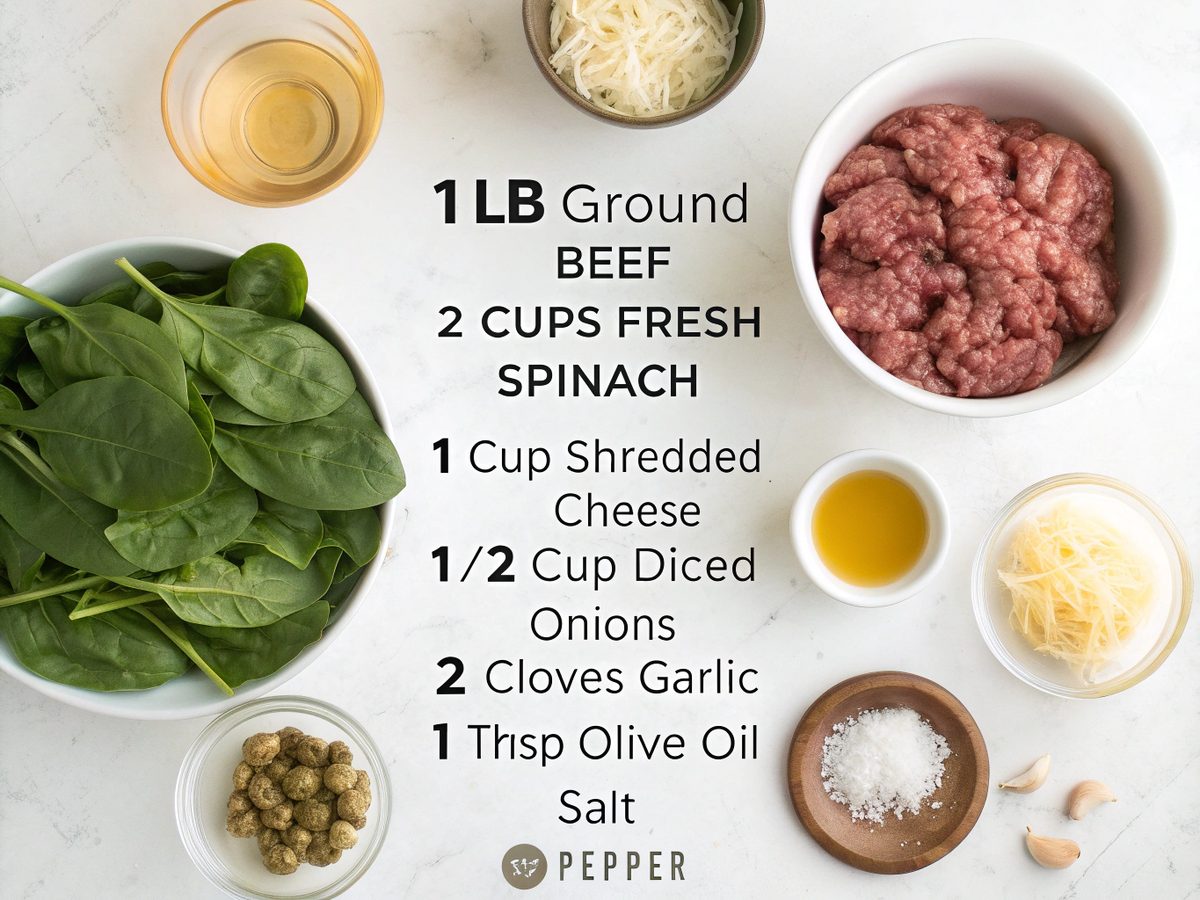 Flat lay of ingredients for skillet keto beef and spinach recipe