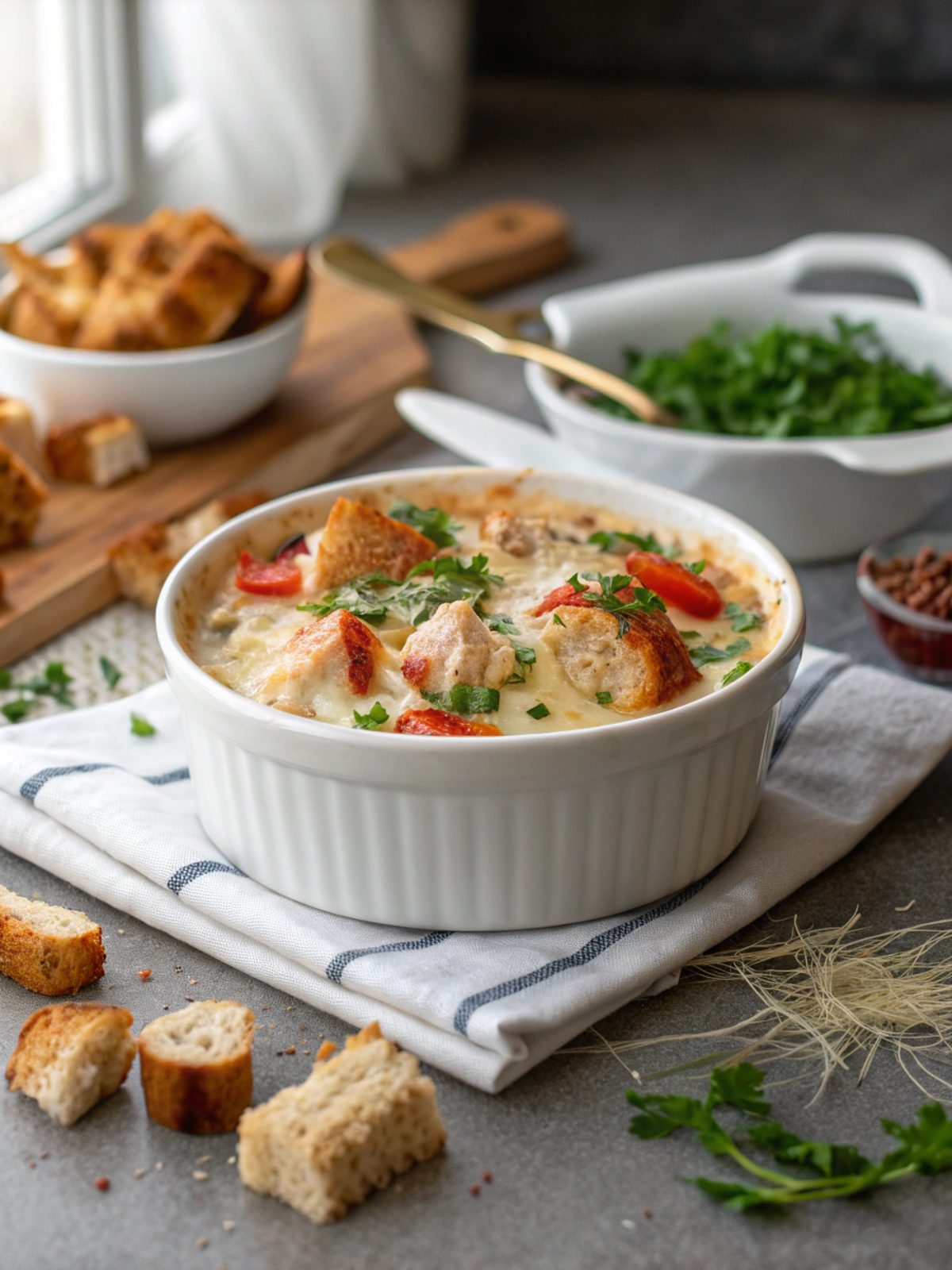 Close-up of Keto Chicken Ranch Bake, featuring creamy chicken topped with cheese.