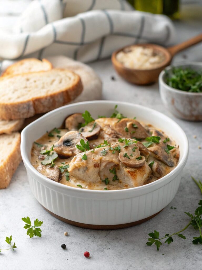 A delightful keto creamy mushroom chicken skillet ready to serve.
