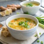 A bowl exquisitely filled with keto egg drop soup garnished with ginger and scallions.