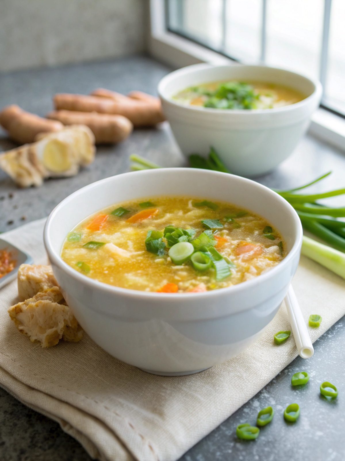 A bowl exquisitely filled with keto egg drop soup garnished with ginger and scallions.