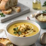 SEO-friendly alt text describing the keto roasted cauliflower garlic soup, served in a bowl.