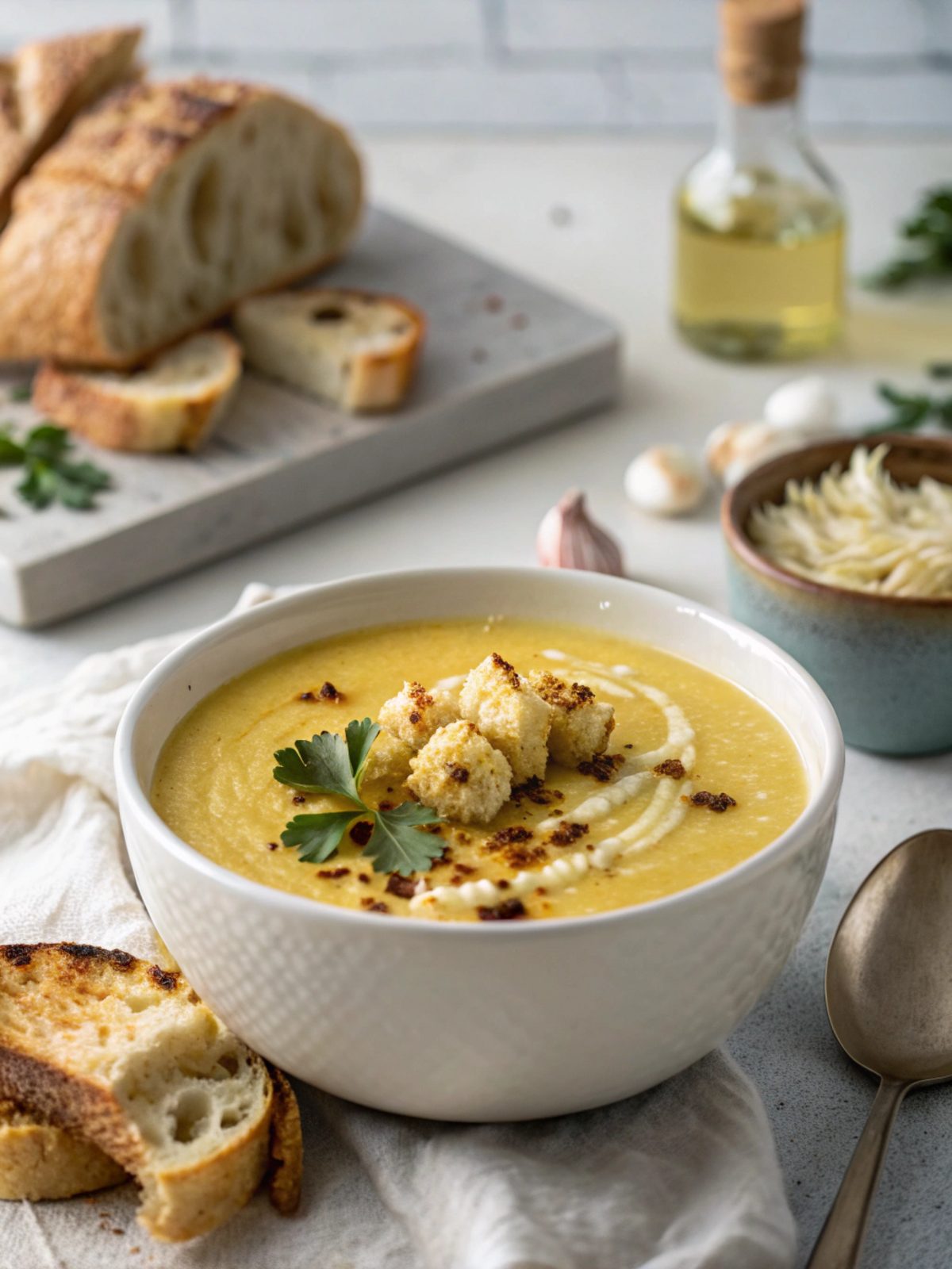 SEO-friendly alt text describing the keto roasted cauliflower garlic soup, served in a bowl.