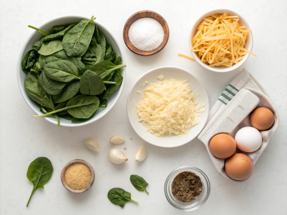 Image of ingredients for a keto spinach breakfast casserole.