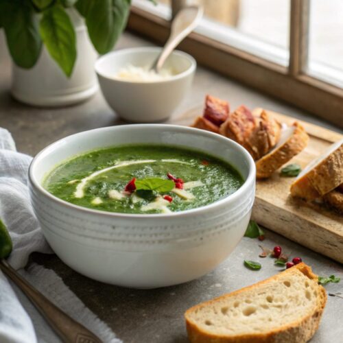 Delicious bowl of keto spinach soup garnished with parmesan in bright kitchen.