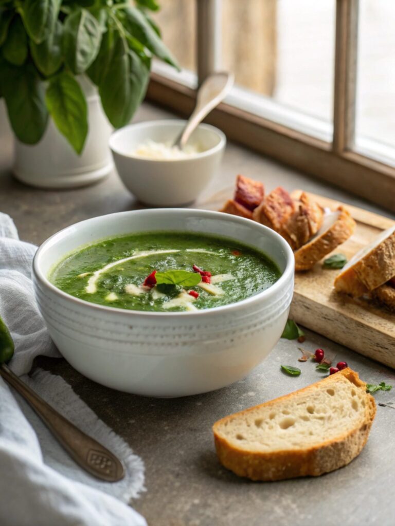 Delicious bowl of keto spinach soup garnished with parmesan in bright kitchen.