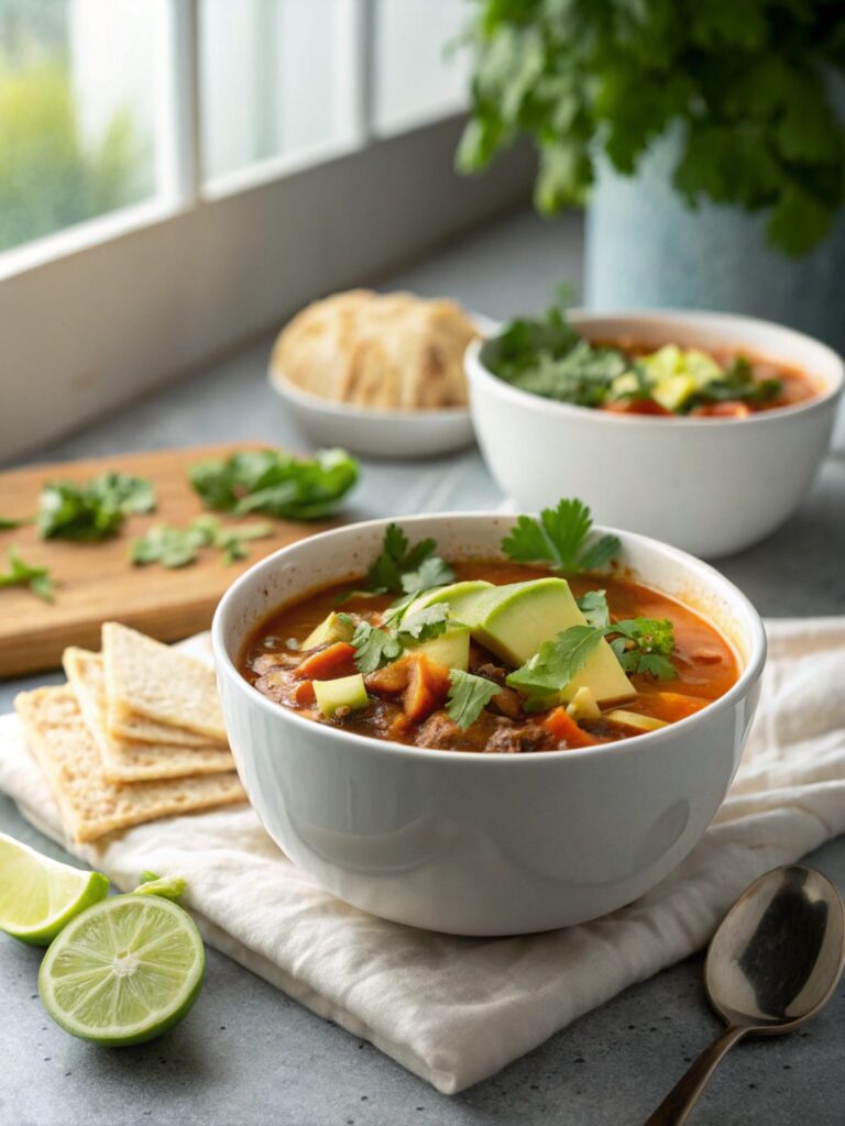 Appealing photo of keto taco soup served elegantly, with garnishes.
