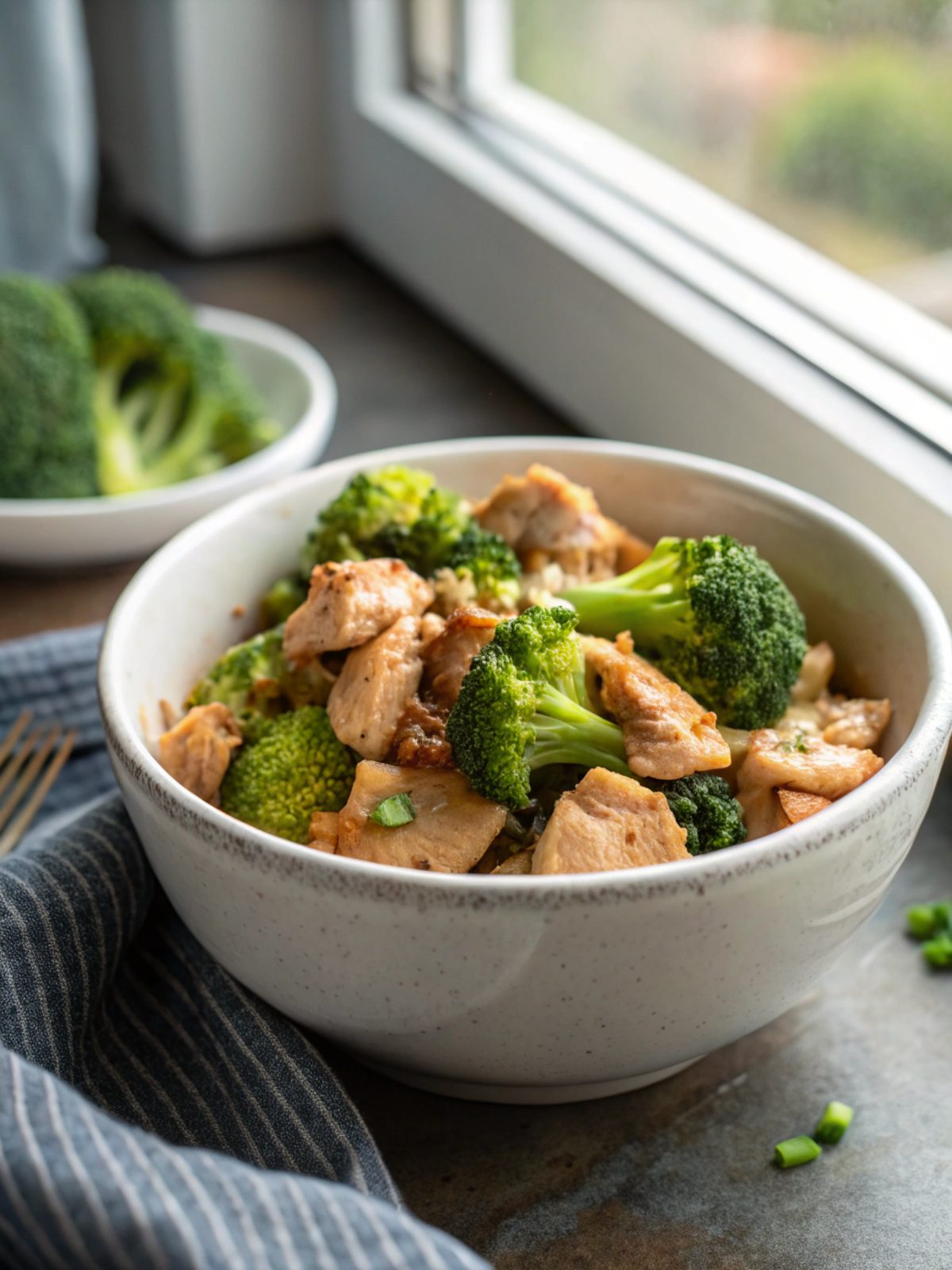 Delicious low carb chicken broccoli dish served in a white bowl