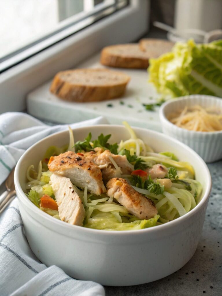 Delectable Low Carb Chicken Cabbage Dish served in a white platter.