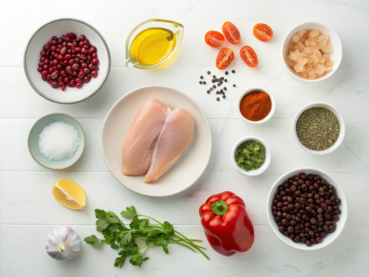 Ingredients for a flavorful skillet chicken and chili recipe laid out on a kitchen counter.