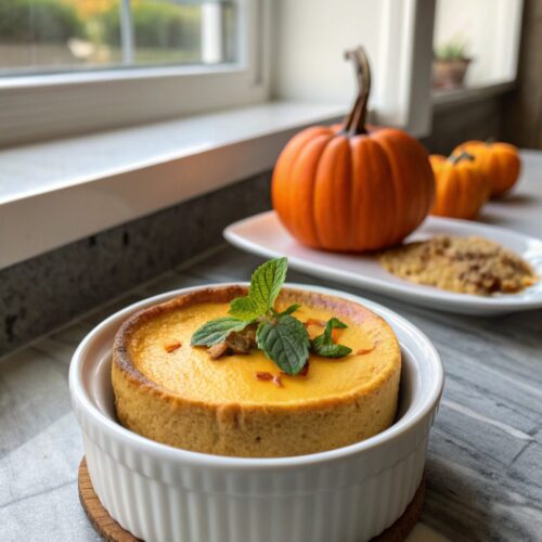 Close-up of the pumpkin cheesecake, showcasing its creamy texture and autumnal appeal.