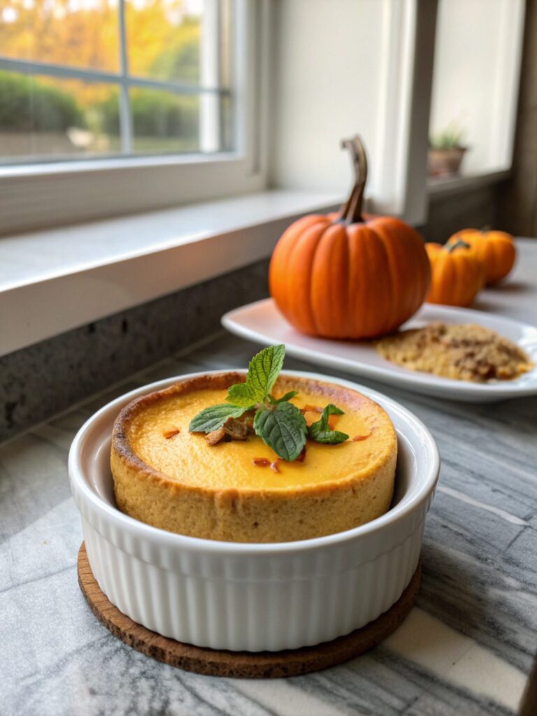 Close-up of the pumpkin cheesecake, showcasing its creamy texture and autumnal appeal.