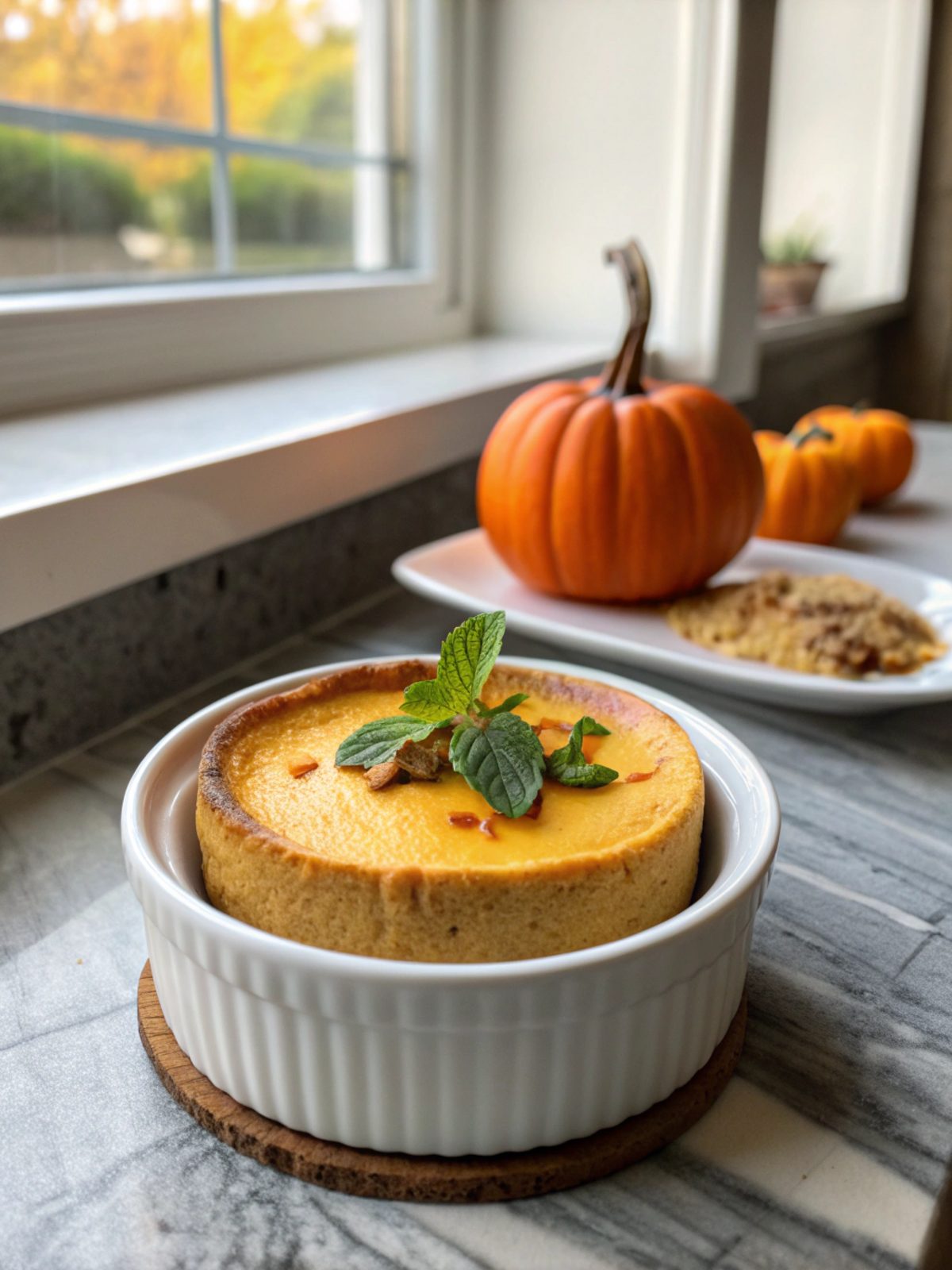 Close-up of the pumpkin cheesecake, showcasing its creamy texture and autumnal appeal.