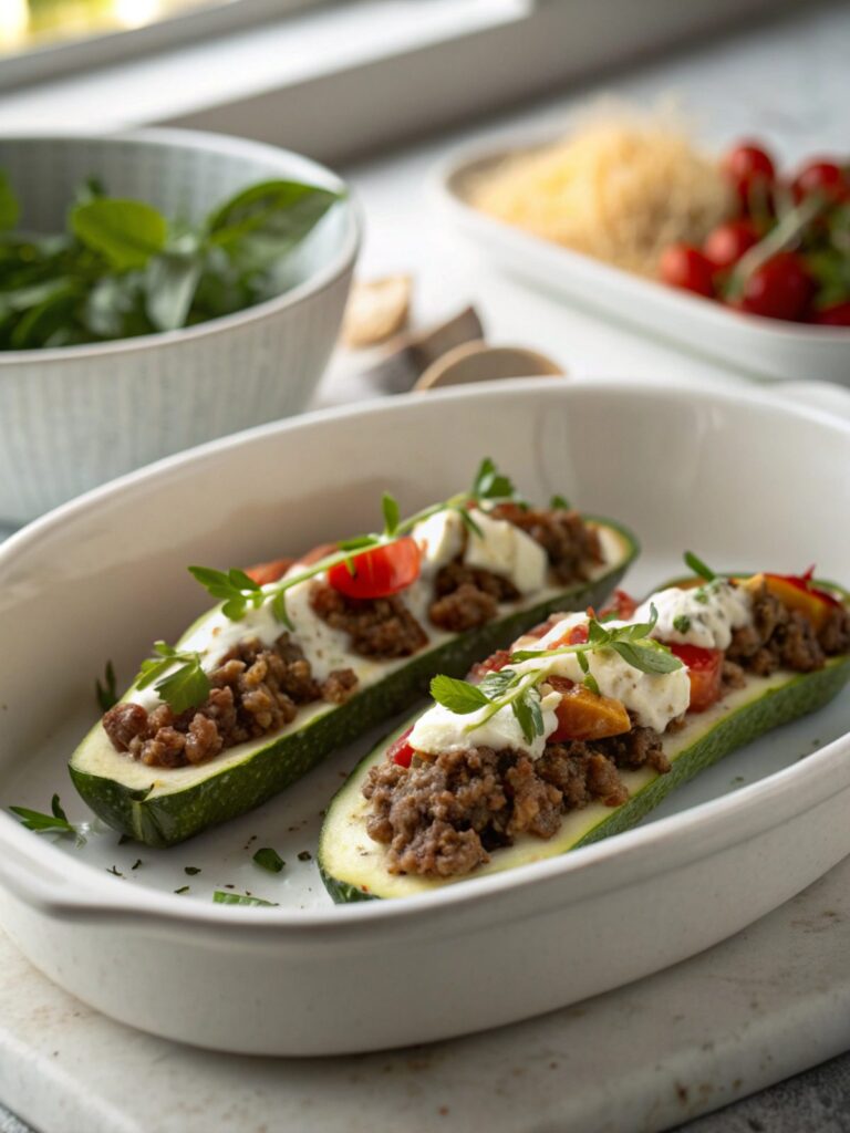 Ricotta Stuffed Beef Zucchini Boats served and displayed beautifully