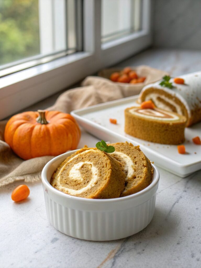 A deliciously presented keto pumpkin roll, ready to serve.