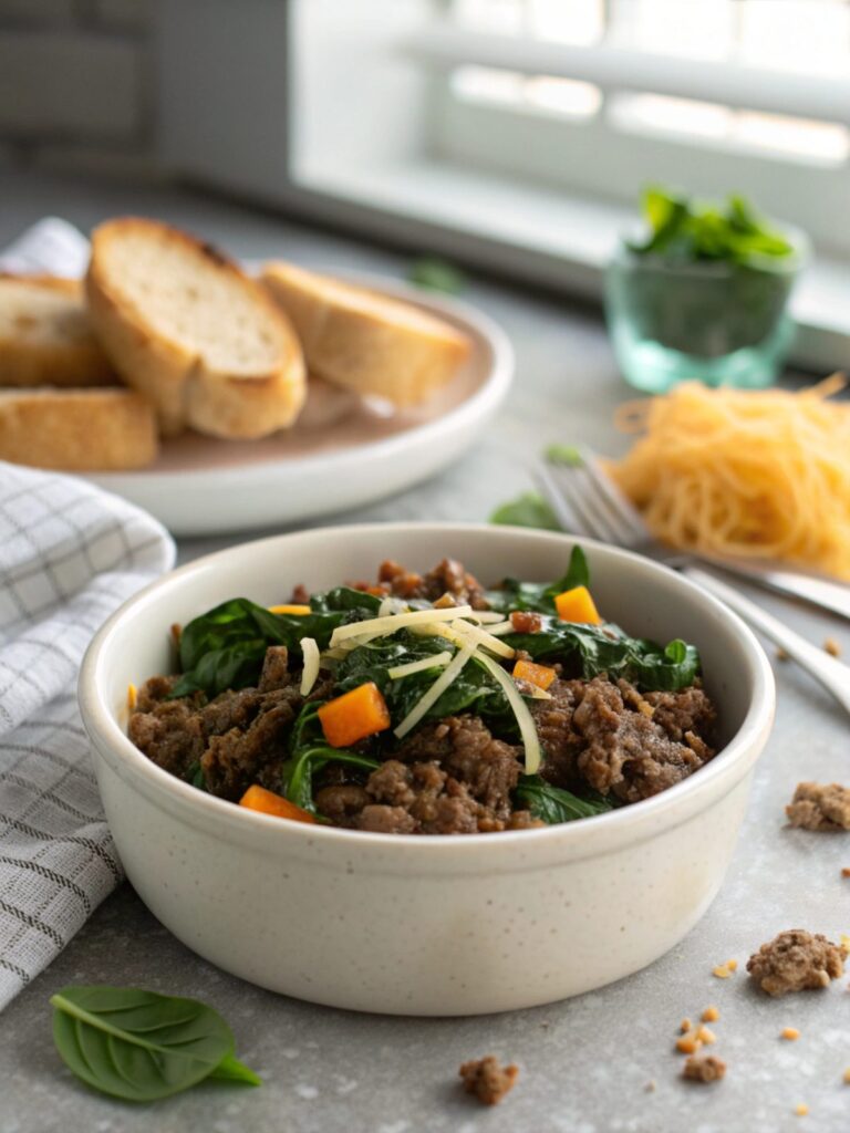 A delicious dish of low carb ground beef and spinach served hot.