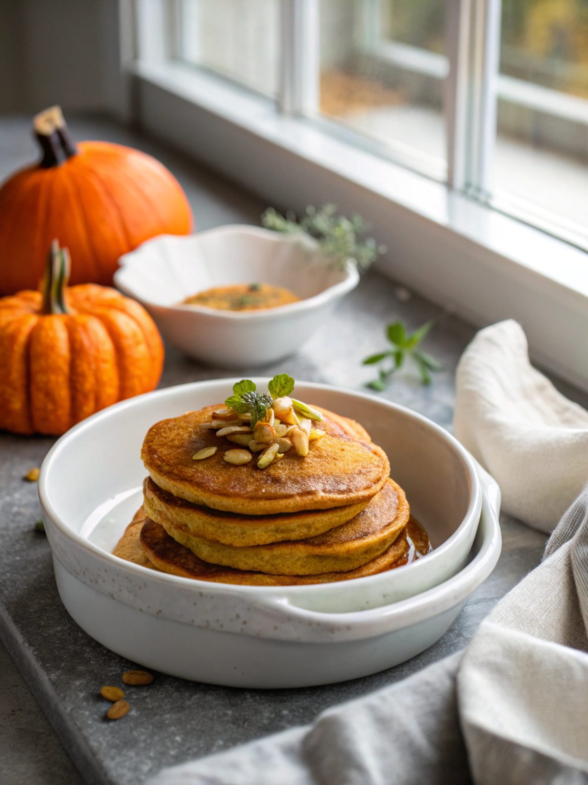 A stack of deliciously fluffy pumpkin pancakes topped with syrup