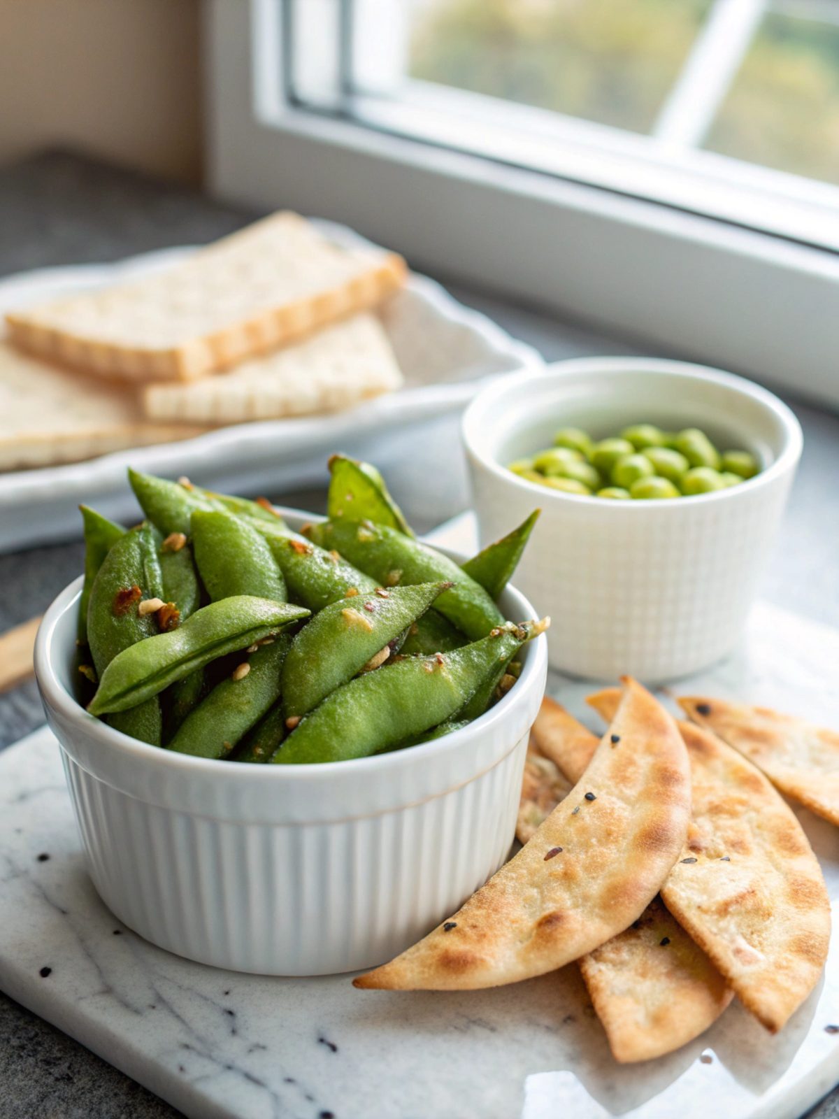 Perfectly seasoned edamame sea salt snack pods in a bowl