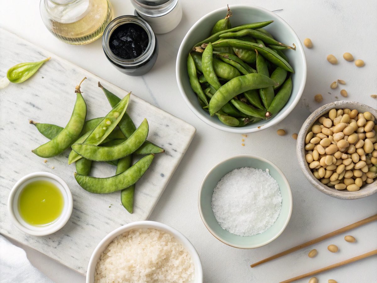 Edamame pods and sea salt displayed on a kitchen counter