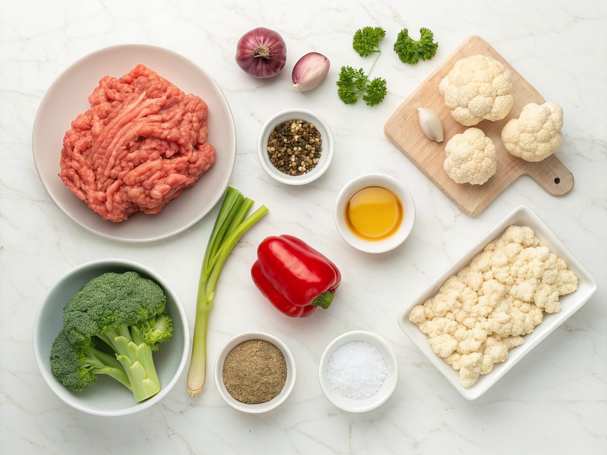 SEO-friendly alt tag with an illustration of ingredients for keto instant pot turkey stew.