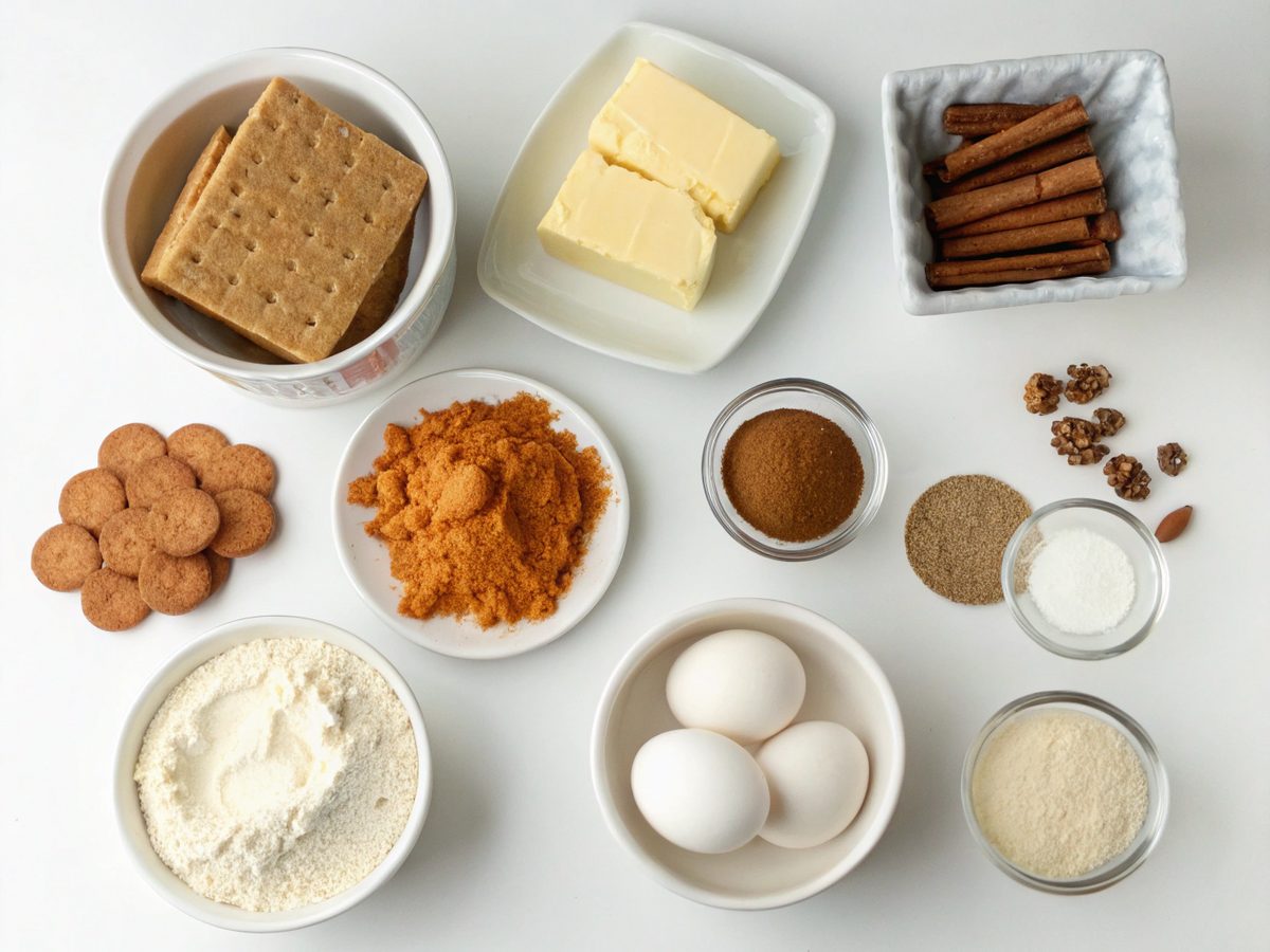 Ingredients for a perfect pumpkin cheesecake, including graham crackers and spices.
