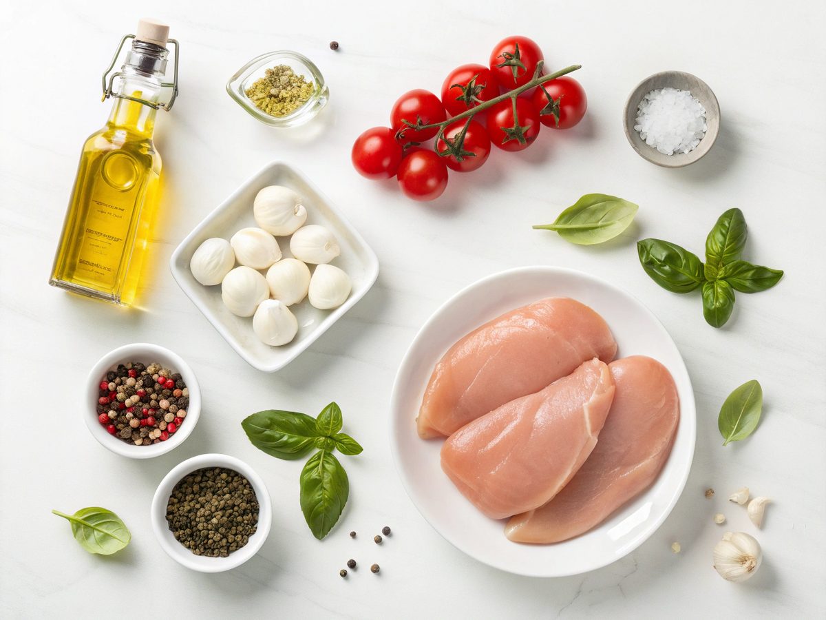 Ingredients laid out for Skillet Chicken and Mozzarella Recipe, including chicken breasts, mozzarella cheese, and fresh basil.