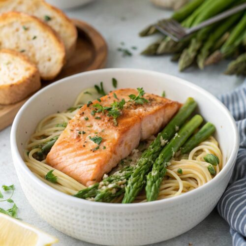 Garlic butter salmon asparagus skillet, served deliciously fresh