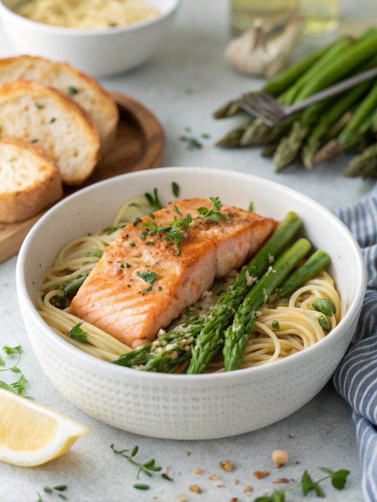 Garlic butter salmon asparagus skillet, served deliciously fresh