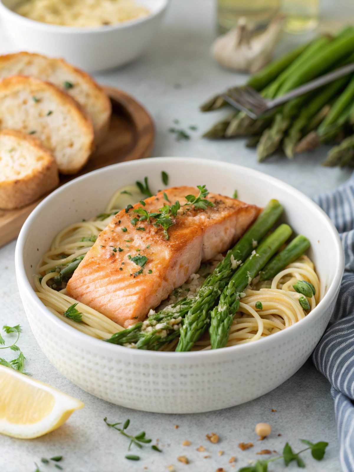 Garlic butter salmon asparagus skillet, served deliciously fresh