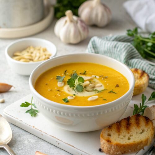 SEO-friendly alt text describing the garlic low carb keto soup in detail.