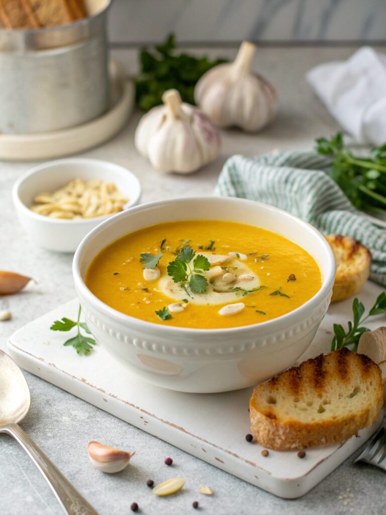 SEO-friendly alt text describing the garlic low carb keto soup in detail.