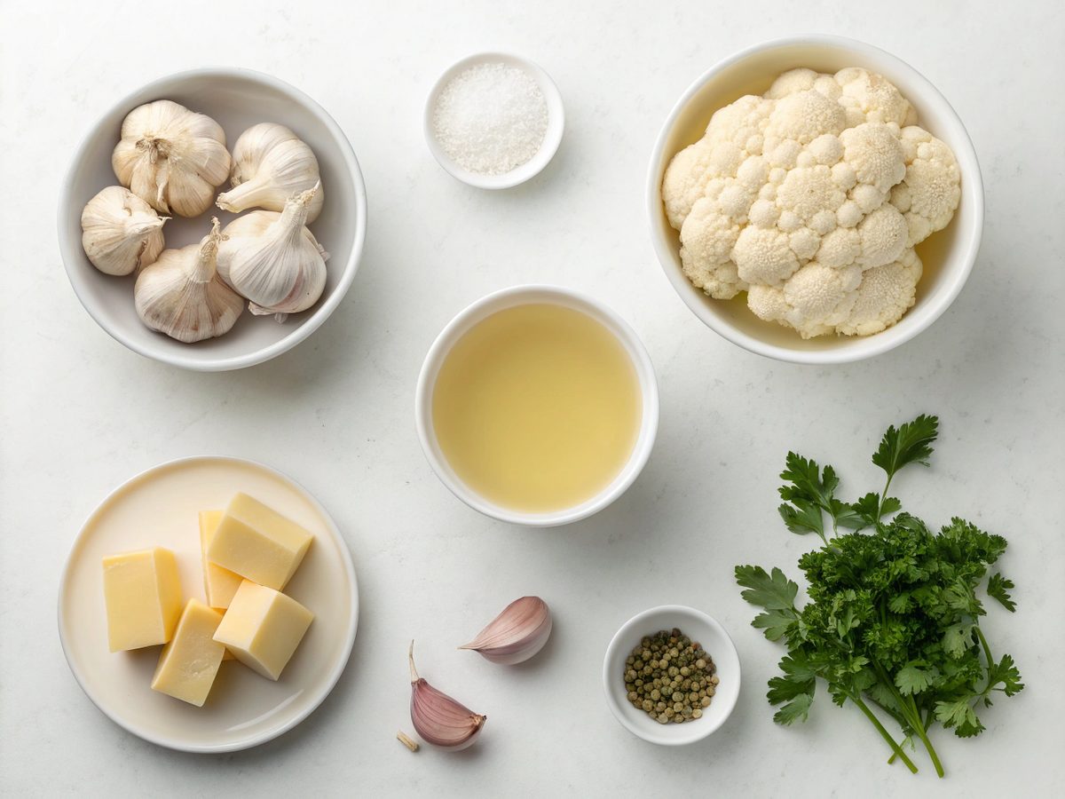 Garlic low carb keto soup ingredients laid out on a kitchen counter