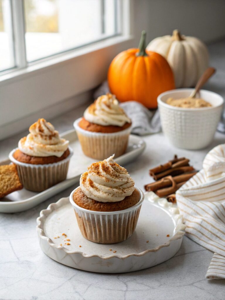 Plate of gluten-free & keto pumpkin spice latte cupcakes topped with cream.