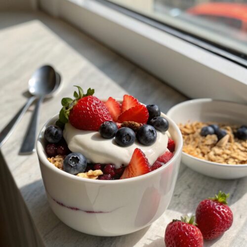 The finished Greek Yogurt Berry Parfait Recipe with yogurt, berries, and mint