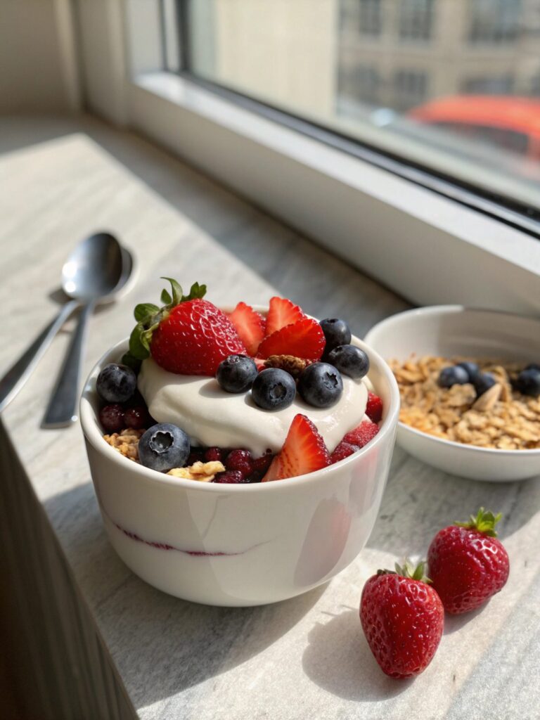 The finished Greek Yogurt Berry Parfait Recipe with yogurt, berries, and mint